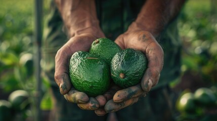 Wall Mural - Hand holding avocado fruit in plantation farm field