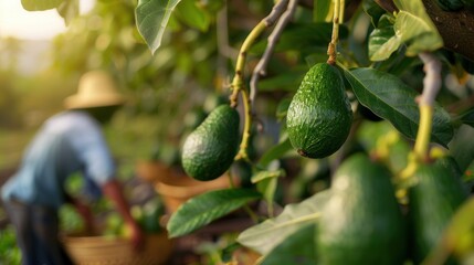 Avocado plant with fruit with farmer working in plantation farm field