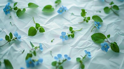 Sticker - Small blue flowers and leaves on a white surface