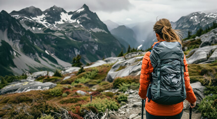 Wall Mural - A woman is walking in the mountains with a large backpack on her back. The mountains are covered in snow, and the woman is wearing an orange jacket. Concept of adventure and exploration