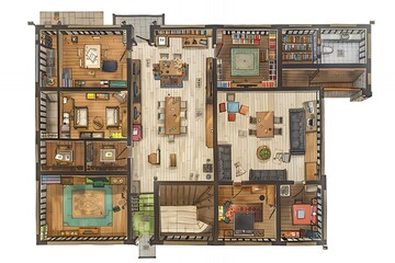 Wall Mural - Top view of a home with multiple rooms, furniture, and a stairway in the middle.