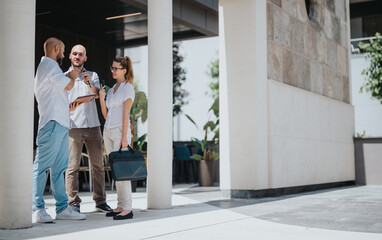 Wall Mural - Three business professionals in casual attire having a discussion and collaboration meeting outside an office building.