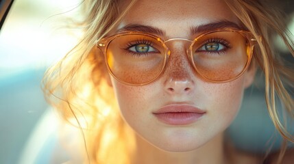 Closeup portrait of a woman with light brown hair and freckles, wearing stylish orange-tinted sunglasses, bathed in golden sunlight during a warm summer day.