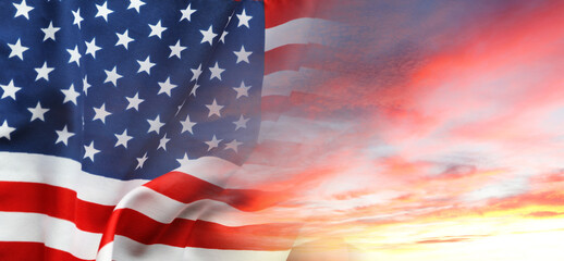 Poster - American flag in sunrise sky