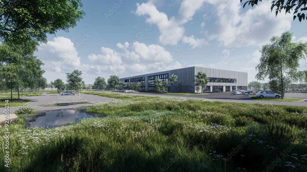 Modern office building with large windows and a parking lot in front ...