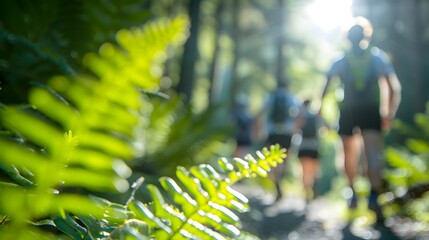  friends hiking up a hill together focus on plant leaf