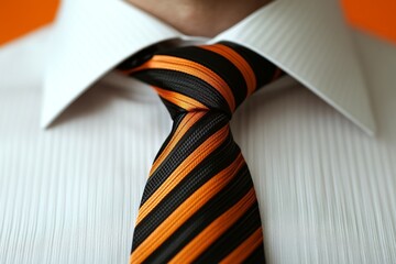 Wall Mural - dynamic close up of a striped orange tie on a crisp white shirt capturing sharp dressing for profess