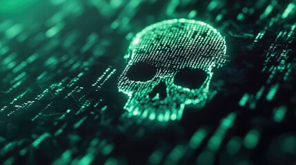 Green skull made of binary code, cybersecurity concept