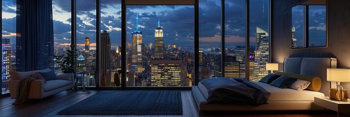 Wall Mural - Vacation house with scenic view of city skyscrapers