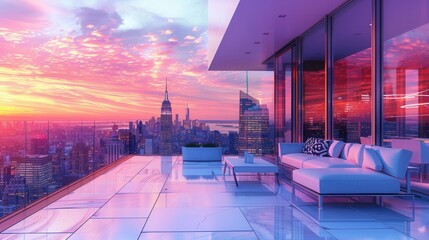 Wall Mural - Vacation house with scenic view of city skyscrapers