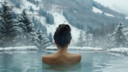 Wall Mural - Back view of a female in spa pool with beautiful scenic view