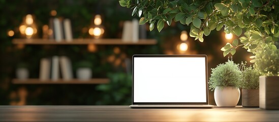 Laptop with blank screen on a wooden desk, with a green plant and a blurred background with lights.