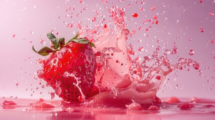 Fresh sweet ripe strawberry with juice splash closeup view