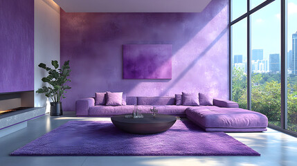 Wall Mural - Modern Minimalist Living Room with Trendy Lilac Walls