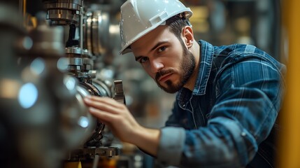 Wall Mural - a man in a hard hat working on a machine in a factory