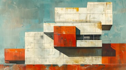 Canvas Print - a painting of a building with orange and white colors on it's sides and a blue sky behind it