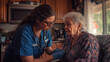 © Jani's Stocks - Caregiver doing a regular check-up of a senior woman in her home, conveying a sense of routine care and comfort.