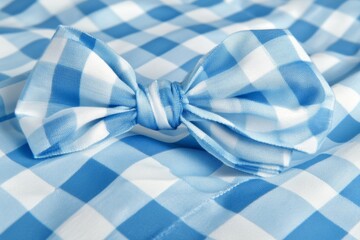 Wall Mural - A light blue checkered bow tie set against a matching fabric background capturing the playful yet elegant style of modern mens accessories