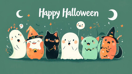 Adorable Halloween illustration with cute ghosts, cats, and pumpkins dressed in costumes, celebrating with a 