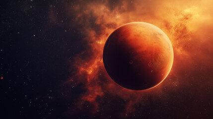 mars-like planet with fiery atmosphere and solar eclipse in space, dramatic cosmic landscape for sci