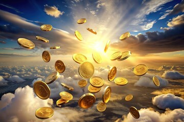 Abstract digital money rain concept. Gold coins fall on a dark background. Golden dollar coins. Jackpot or casino win concept. Polygonal 3D illustration. Cash confetti on technology background.