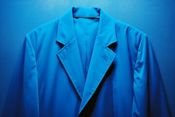 A vibrant blue blazer hanging against a deep blue background emphasizing the bold color and modern design that make this piece a standout in contemporary fashion