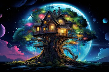 Wall Mural - Magical illustration of a whimsical treehouse with a vibrant cosmic backdrop