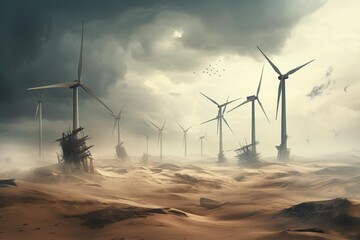 Wall Mural - Dramatic landscape featuring wind turbines amidst desert ruins under a stormy sky