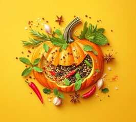 pumpkin made of various elements such as basil, garlic, peppers, spices, herbs, seeds, on orange background. Halloween or autumn concept