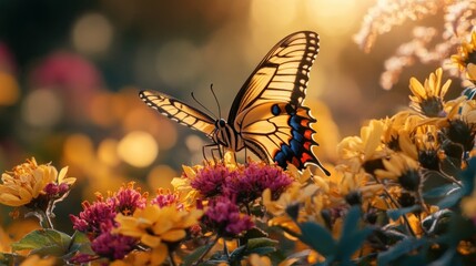 Poster - Butterfly on Flowers in Golden Light