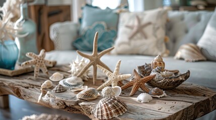 Wall Mural - Wooden table adorned with seashells coastal themed decor