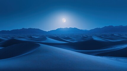 Moonlit desert landscape, silvery sand dunes, cool night tones