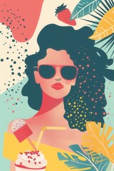 Flat vector abstract vector poster with theme of hot summer and ice cream