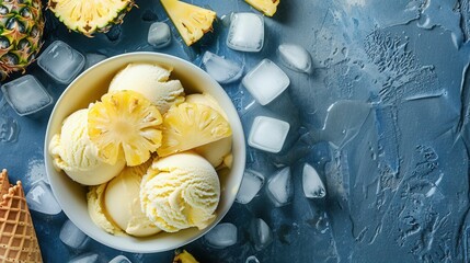 Wall Mural - Top view of tasty pineapple ice cream over blue background.