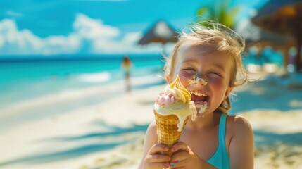 Wall Mural - A little child holding an ice cream and eating at sandy beach with blue sea