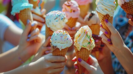 Wall Mural - Many hands of friends holding tasty ice cream in a gothering