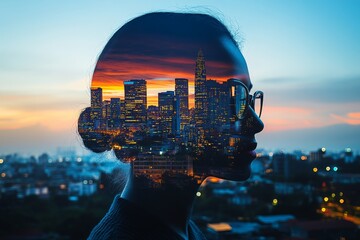 Wall Mural - Businessman with city skyline reflection contemplating corporate strategies during sunset