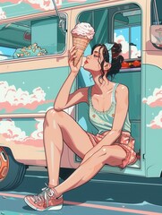 Wall Mural - A girl sit by ice cream truck. Comic style