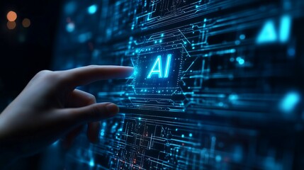 Artificial intelligence robot on a dark blue background with a digital technology and data connection concept