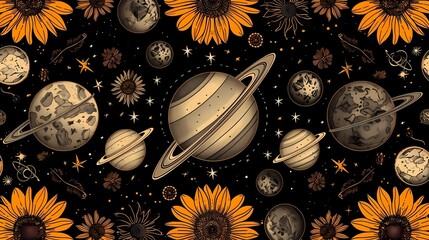 Sticker - seamless background with flowers and planets