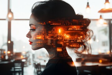 Canvas Print - Womans silhouette overlaid with circuitry illustrating the integration of technology in human thought