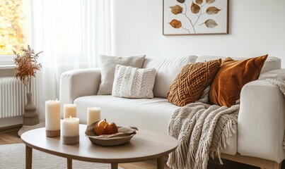 Modern Scandinavian living room with a white sofa, wooden floor, autumn-themed decor and candles on the coffee table