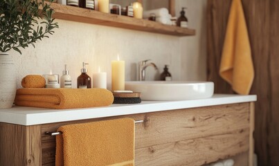 Scandinavian bathroom with autumn-colored towels and candles on the shelf