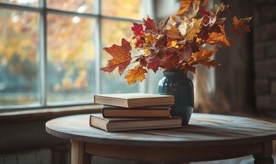 Wall Mural - A table with a few books and a vase of colorful autumn foliage