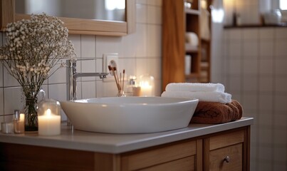 Simple bathroom with a white sink, wooden cabinet, autumn-colored towels, and candles on the counter