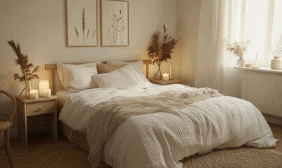 Simple bedroom with a white bed, light wooden nightstands, and autumn-themed artwork on the walls