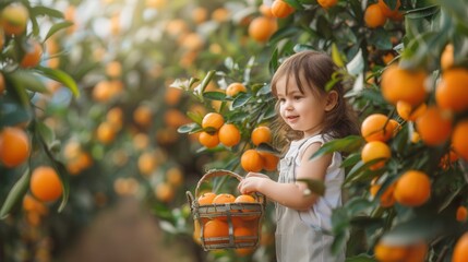 A cute child with basket and fresh orange fruit in plantation farm field