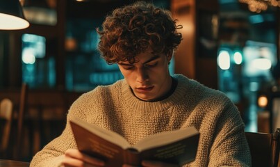 Wall Mural - Young man with curly hair, wearing a sweater, concentrated on a book