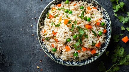 Wall Mural - A colorful bowl of Chinese fried rice with peas and carrots, with space for menu content on the side.