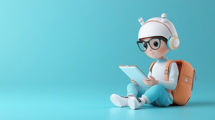 A cute animated child wearing glasses and headphones, sitting with a tablet against a modern blue backdrop.